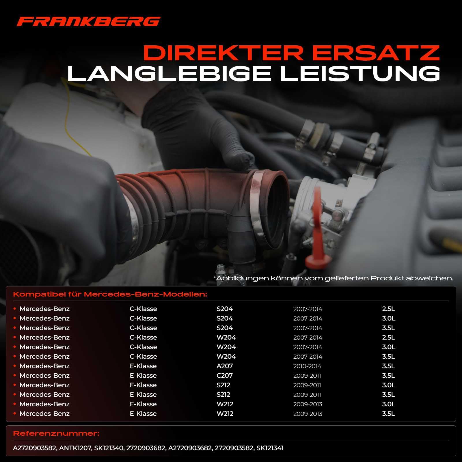 Frankberg Fuelle del filtro de aire, manguera de admisión del filtro de | Compatible con: Clase E Cabriolet A207, Clase E W212, Coupé Clase E C207, Clase C W204, Clase C Modelo T S204