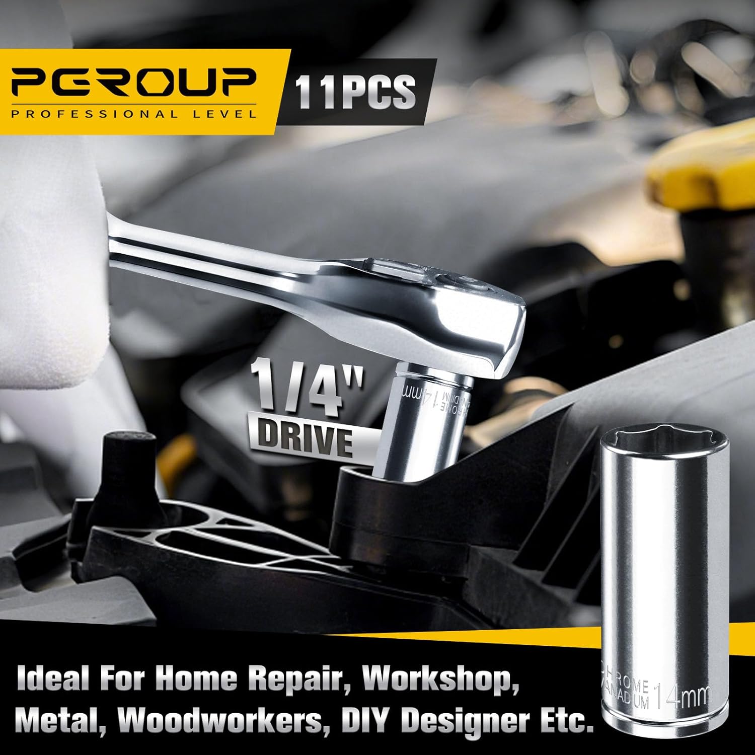 1/4" Drive Deep Socket Set, 11PCS Metric Size Socket Set (4mm-14mm), 6-Point Design, Equipped with Storage Holder, Chrome Vanadium Steel