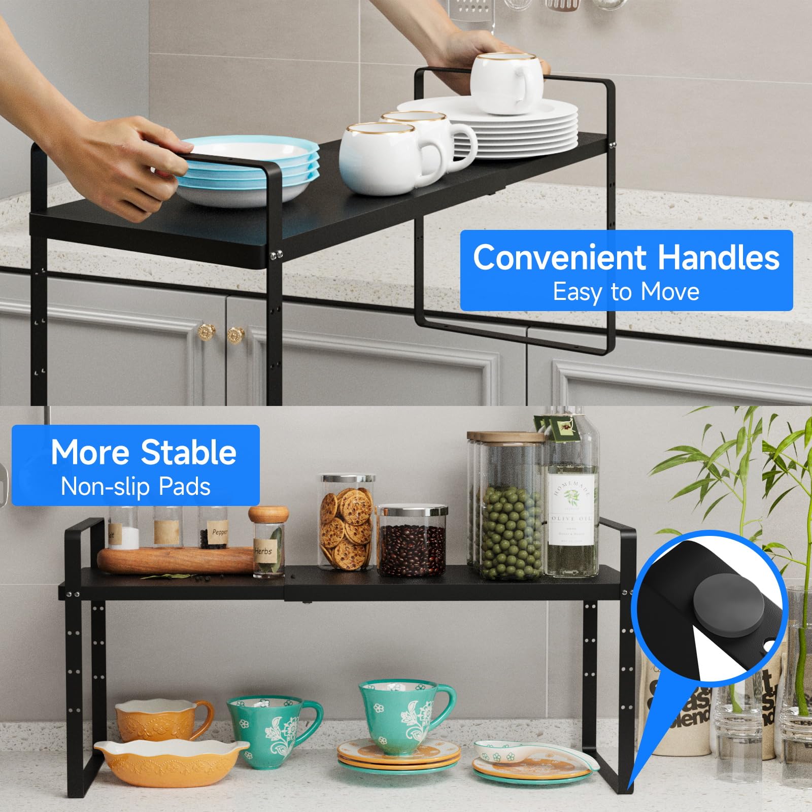 Erweiterbares stapelbares Regal, Theken-Organizer, Gewürzschrank, Speisekammer-Regal, Schrankständer, Aufbewahrungsregale, Badezimmer, Küche, Esszimmer, Arbeitszimmer, Zubehör, 36,3 kg,