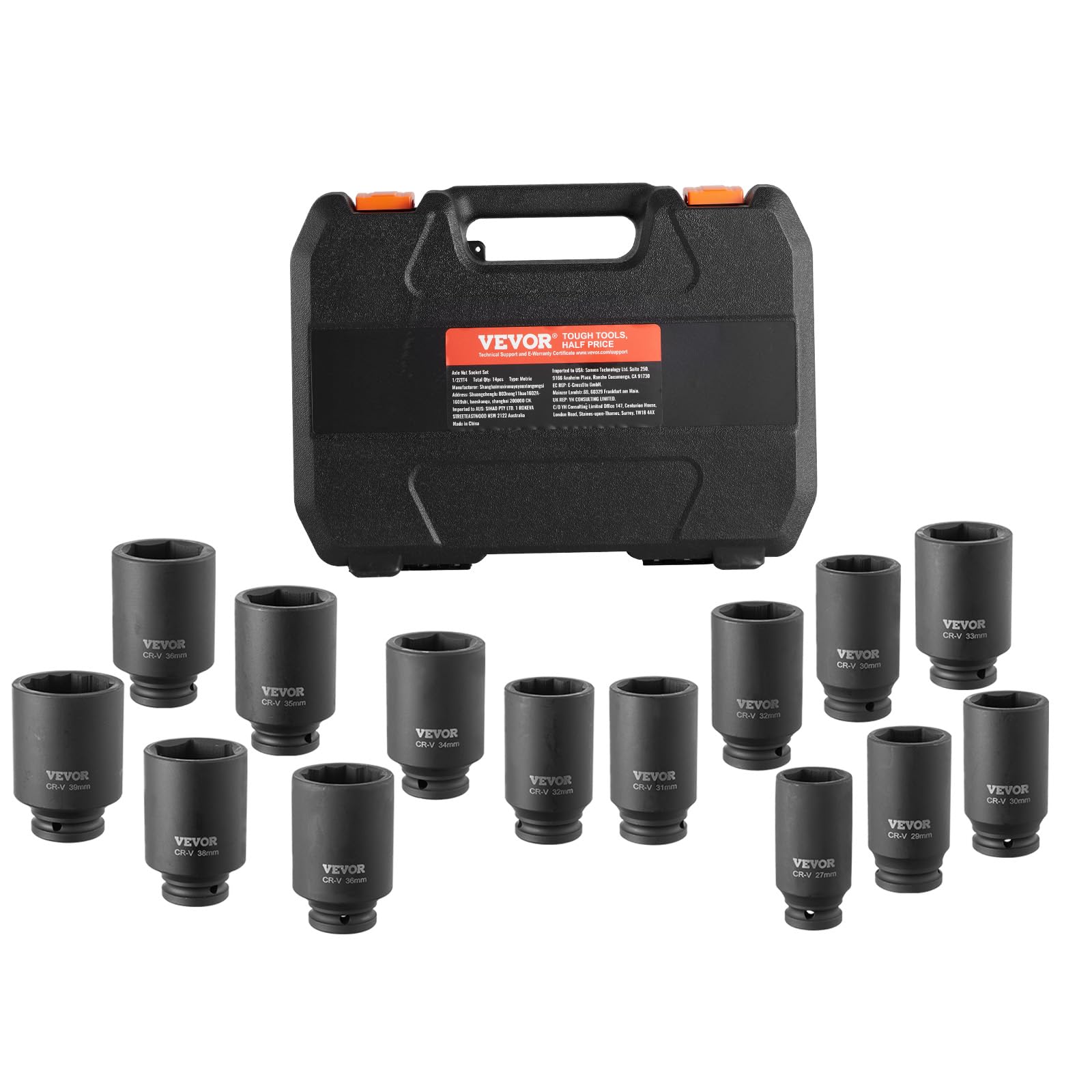 VEVOR Set di chiavi a bussola per dadi dell'asse, attacco da 1/2", profondità 6+12 punti, 14 pezzi, chiavi a bussola metriche CR-V, trattate termicamente, con custodia per riparazione, rimozione o