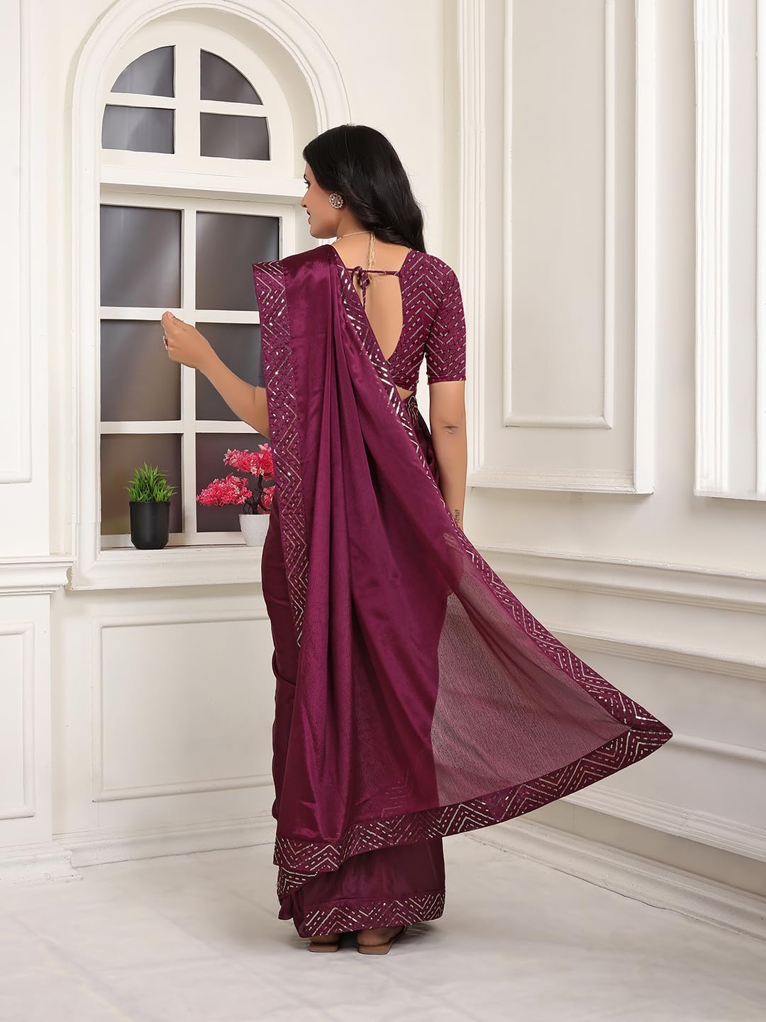 Women's Ready to Wear Chinon Silk 1 Minute Pre Pleated Indian Plain Embroidered Lace Border Saree With Blouse Piece