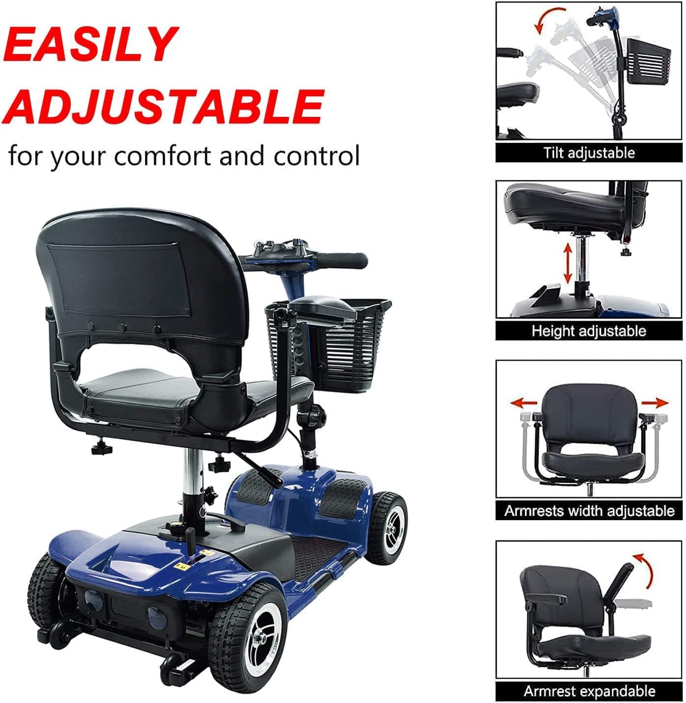 Images demonstrating the adjustable features of the scooter's seat, including tilt, height, armrest width, and armrest expandability.