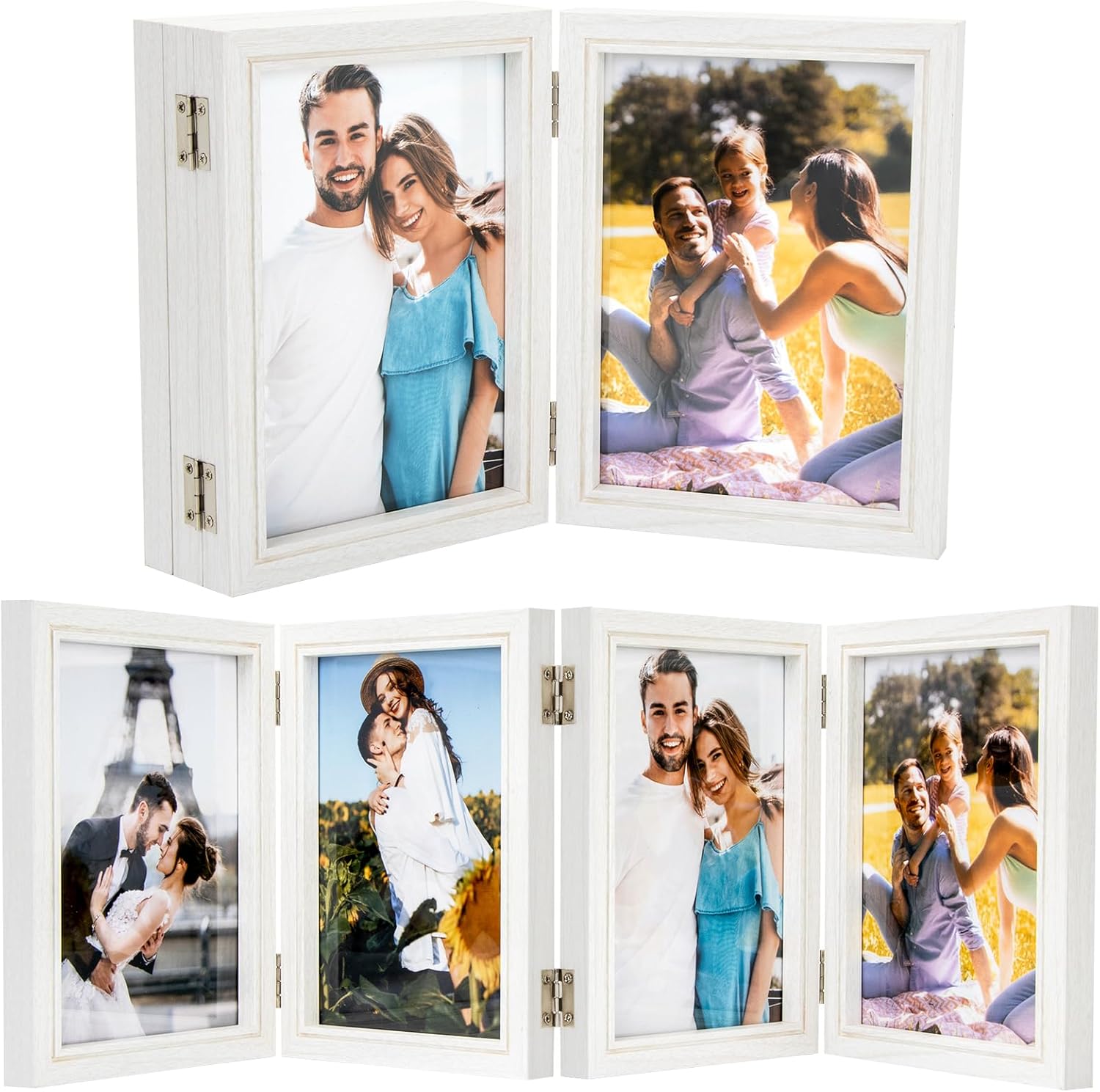 5x7 Four Picture Frame 4 Hinged Photo Frame with 4 Openings, Natural Wood Foldable Photo Frame with High Definition Acrylic for Birthday Father's Day Christmas Gift, Rustic Desk Family Picture Collage, White