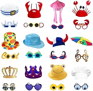 24 Funny Hats and Glasses For Photo Booth Props, 12 Assorted Crazy Party Hats, 12 Funny Party Sunglasses, Novelty Hat, Dress Up Costume Hat Accessories, Silly Hats & Novelty Glasses for Adults Teens