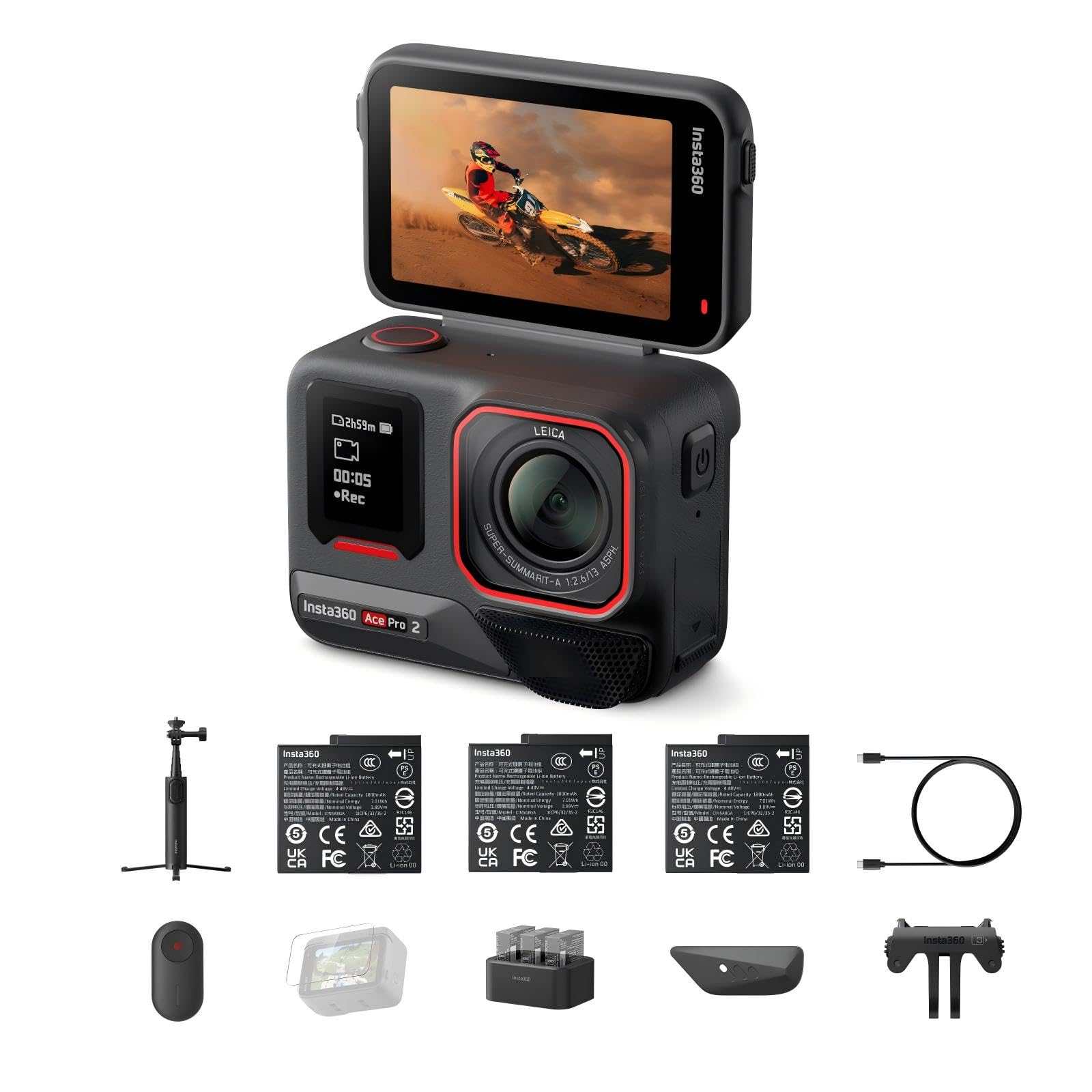 Insta360 Ace Pro 2 Pack Creativo (nuova versione)- Action Cam Impermeabile in 8K co-ingegnerizzata con Leica, sensore 1/1.3", superba in bassa luce,touchscreen direzionale ed Editing IA per Vlog.