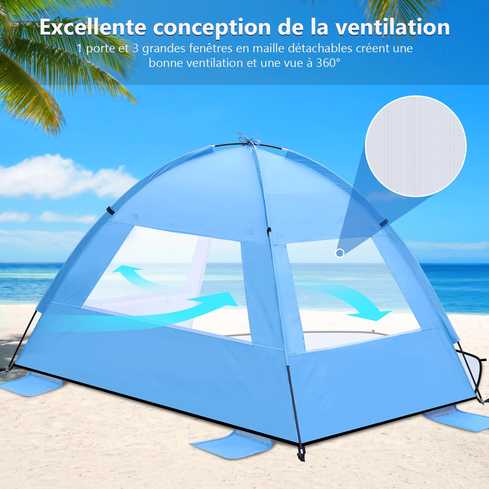 Tente de Plage Anti-UV 50+ Portable pour Bébé et Adulte - Abri de Plage Coupe-Vent (Bleu Lac, 185x120x110cm)