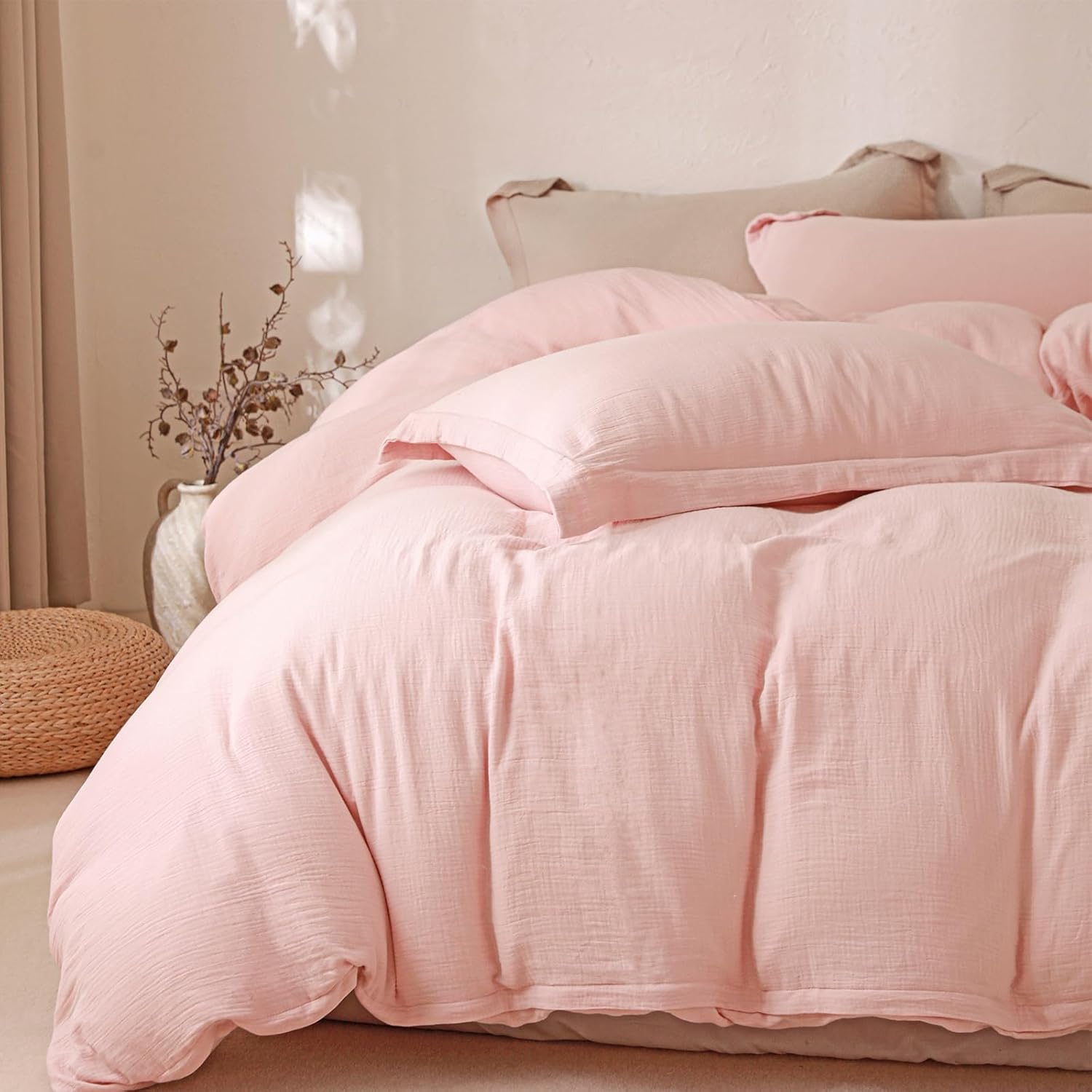 MorroMorn Muslin Duvet Cover Twin Size, 100% Breathable Cotton 2-Layer Gauze Comforter Cover Set 3 Pieces with 2 Pillowcases Zipper Closure & Corner Ties, Ultra Soft Linen Like, 68"x90", Pink