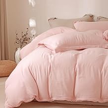 MorroMorn Muslin Duvet Cover Set Queen 100% Cotton Double Gauze Bedding Linen Like Ultra Soft Breathable Minimalist All-Season, with 2 Pillowcases Pink 90"x90", Comforter Not Included
