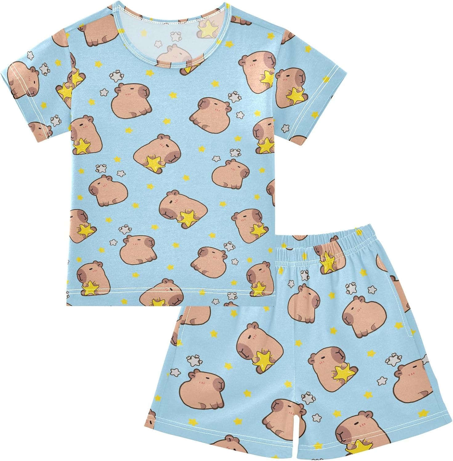 Capybara with Pink Hearts Summer Cute Pajama Sets, Short Sets for Sleep Wears