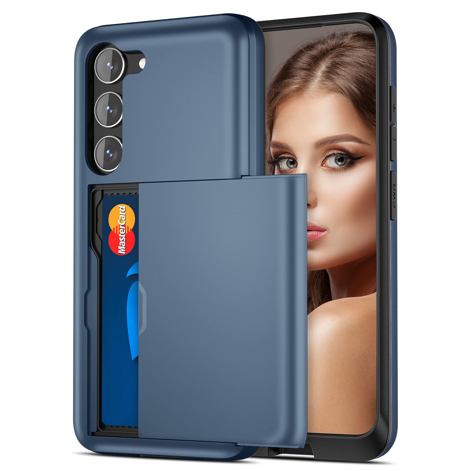 Jiunai for Samsung S23 Case, Galaxy S23 Case Wallet Cover Credit Card IDs Cash Holder Shell Sliding Pocket Dual Layer Hard PC Soft Rubber Bumper Phone