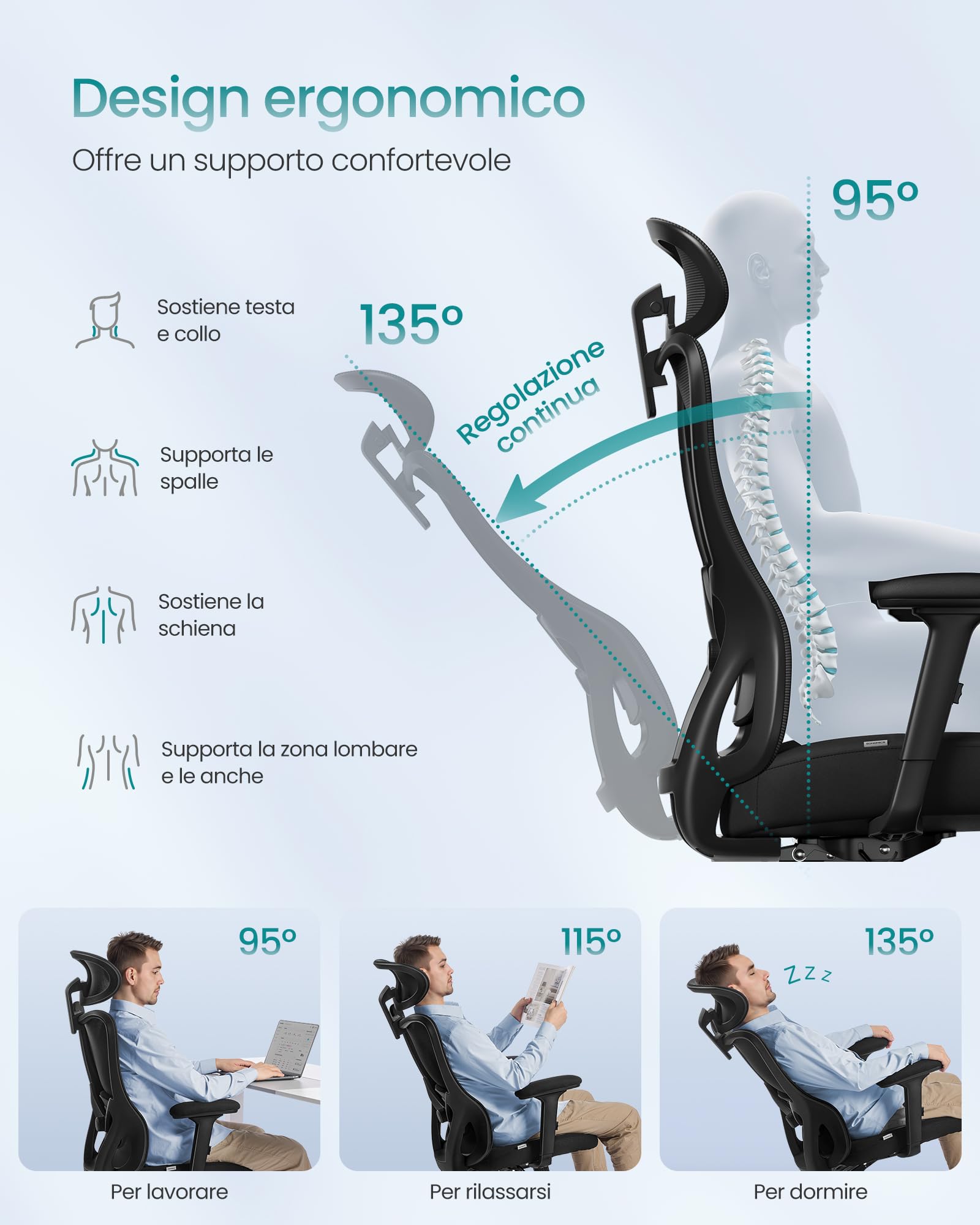 SONGMICS Sedia da Ufficio Ergonomica, Sedia da Scrivania Computer, Poggiatesta e Supporto Lombare Regolabili, Portata Fino a 150 kg, Regolabile in Altezza, Nero Inchiostro OBN066BH01