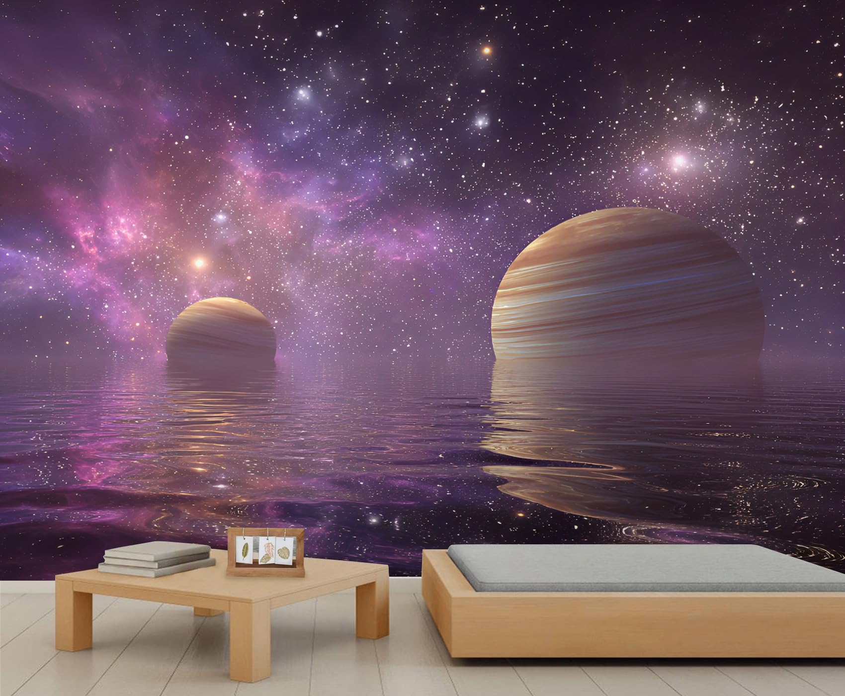 Space Planet Wallpaper for Bedroom Fantasy Purple Nebula Wall Murals Sci-Fi Starry Sky Mural Water Reflection Starry Sky Wallpaper for Living Room Farmhouse 450 x 305 cm