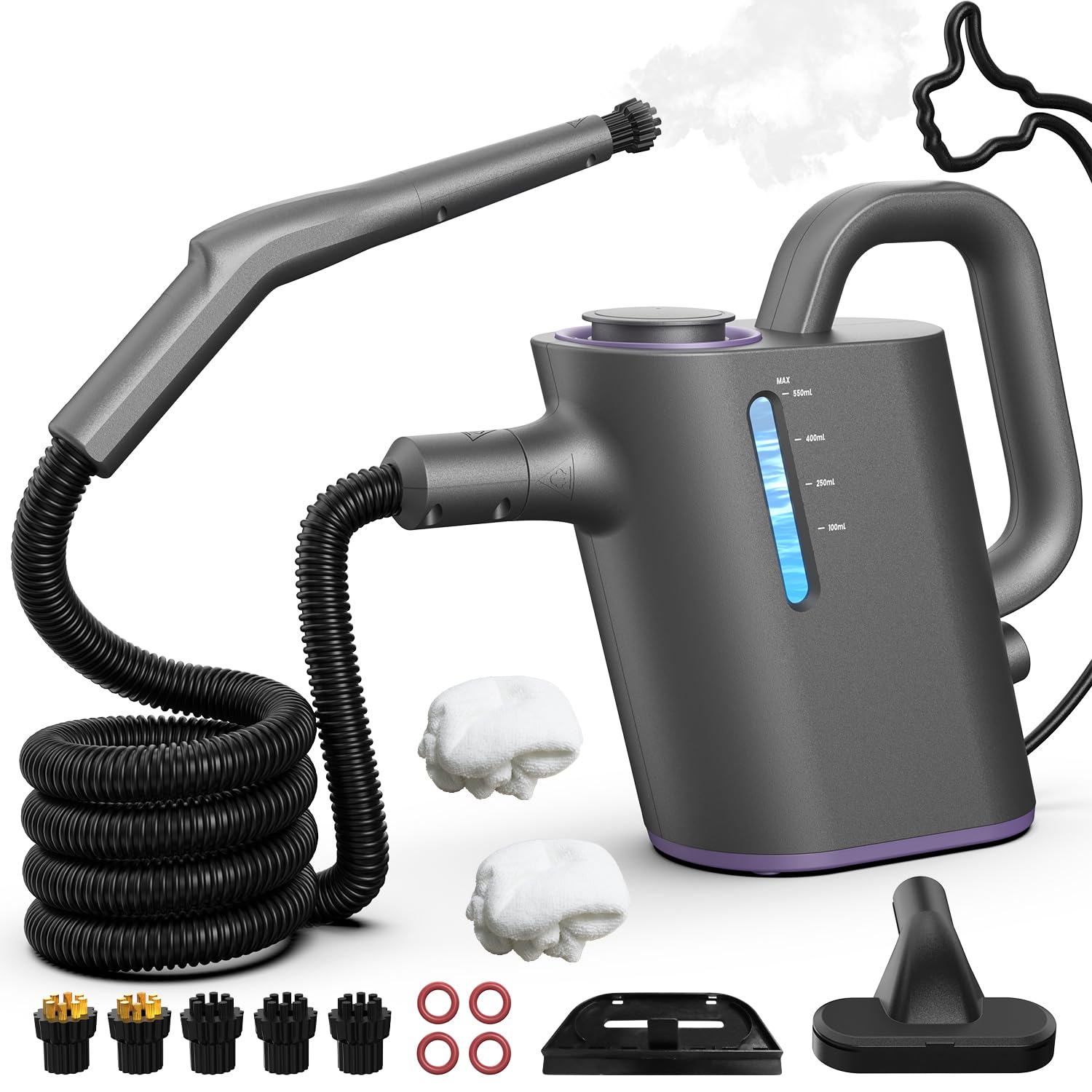 Dampfreiniger Handgerät 550ML Tank,15s Schnellaufheizung Tragbarer Dampfreiniger mit 16 Zubehör,1500W Chemiefrei Handdampfreiniger für Küche, Bad, Fugen, Fenster, Auto & Polster