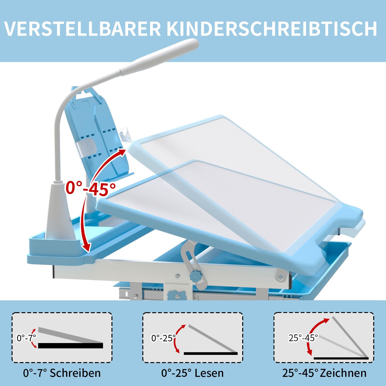 Kinderschreibtisch höhenverstellbar,Schülerschreibtisch Jugendschreibtisch mit Schublade Schreibtisch Kinder mit neigbarer Tischplatte für 3-12 Jahre Kinder (Blau-L)