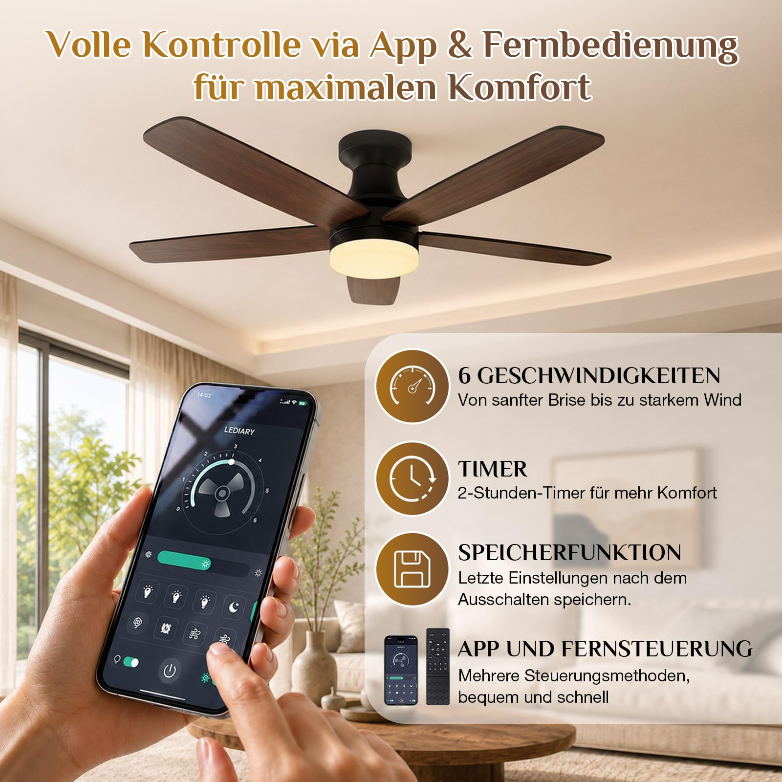 106cm Deckenventilator mit Beleuchtung Leise Flach H22cm, Doppelseitige Flügeln, Deckenventilator mit Fernbedienung & App, DC Motor, Dimmbar, 6 Stufen Reversibel für Schlafzimmer Wohnzimmer