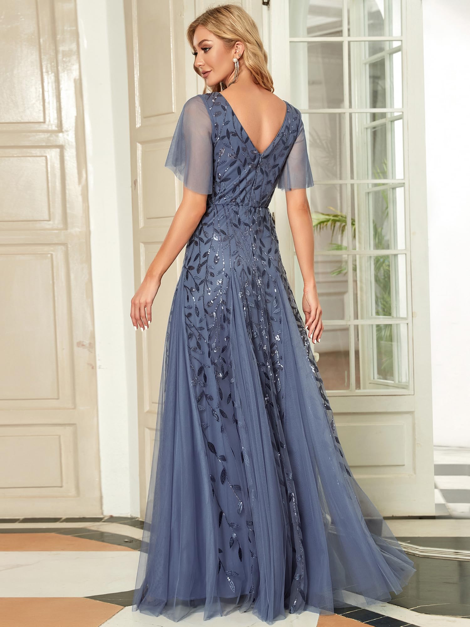 Ever-Pretty Vestidos de Fiesta Mujer Largo Tul Lentejuelas Escote V A-línea Elegantes 00736