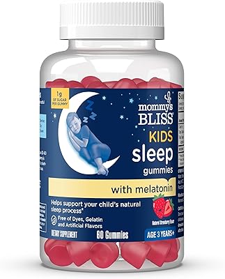 Mommys Bliss Kids Sleep Melatonin Gummies, No Artificial Colors, Flavors or Gelatin, Strawberry Flavor Childrens Melatonin Gummies, Age 3, 60 Count
