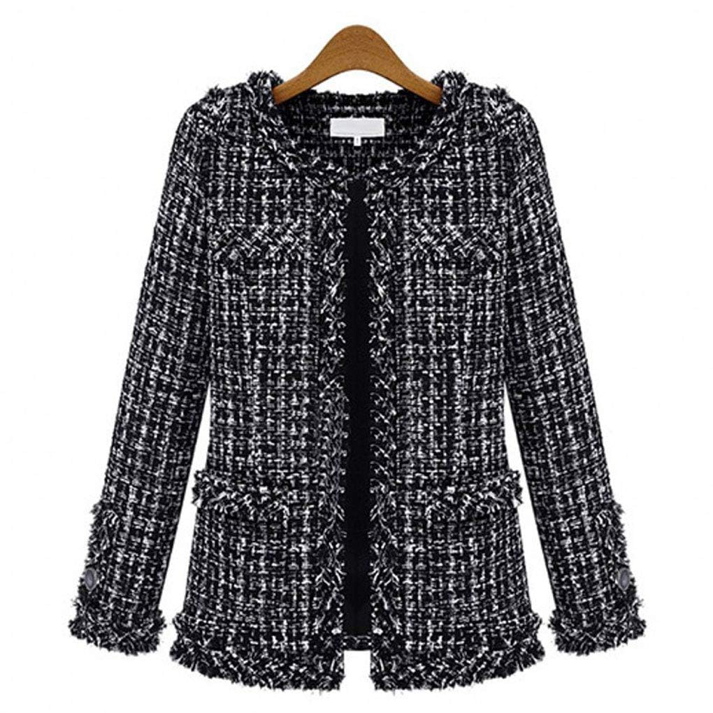 ebossy Womens Elegant Open Front Round Neck Fringed Plaid Tweed Jacket