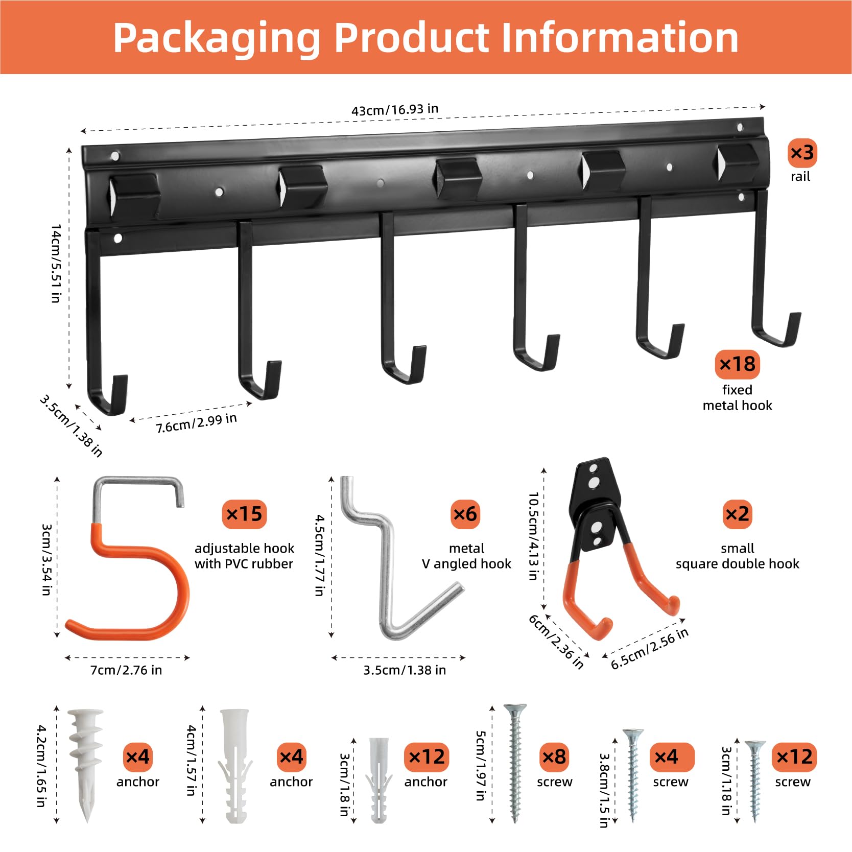 51" Garaje organizador de pared con pequeño gancho en U para bicicletas, escaleras, sillas, escobas, rastrillos, palas (3 rieles)