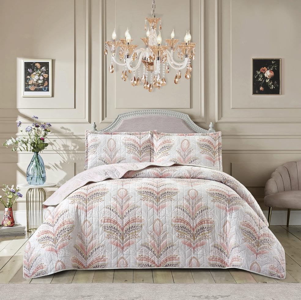 3 Piece Printed Quilted Bedspread Comforter Printed Bed Throw with Pillowshams Bedding Set Machine Washable (Jamsine Pink, Double) — image 1