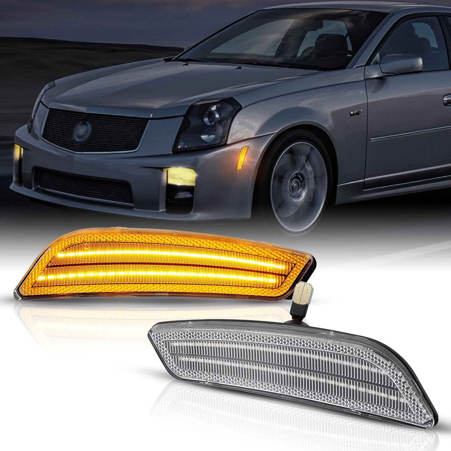 POPMOTORZ Front Bumper LED Side Marker Lights Compatible With 2003 2004 2005 2006 2007C-adilla-cCTS & CTS V Front Fender Marker Lamps Assembly Clear Lens 2PCS