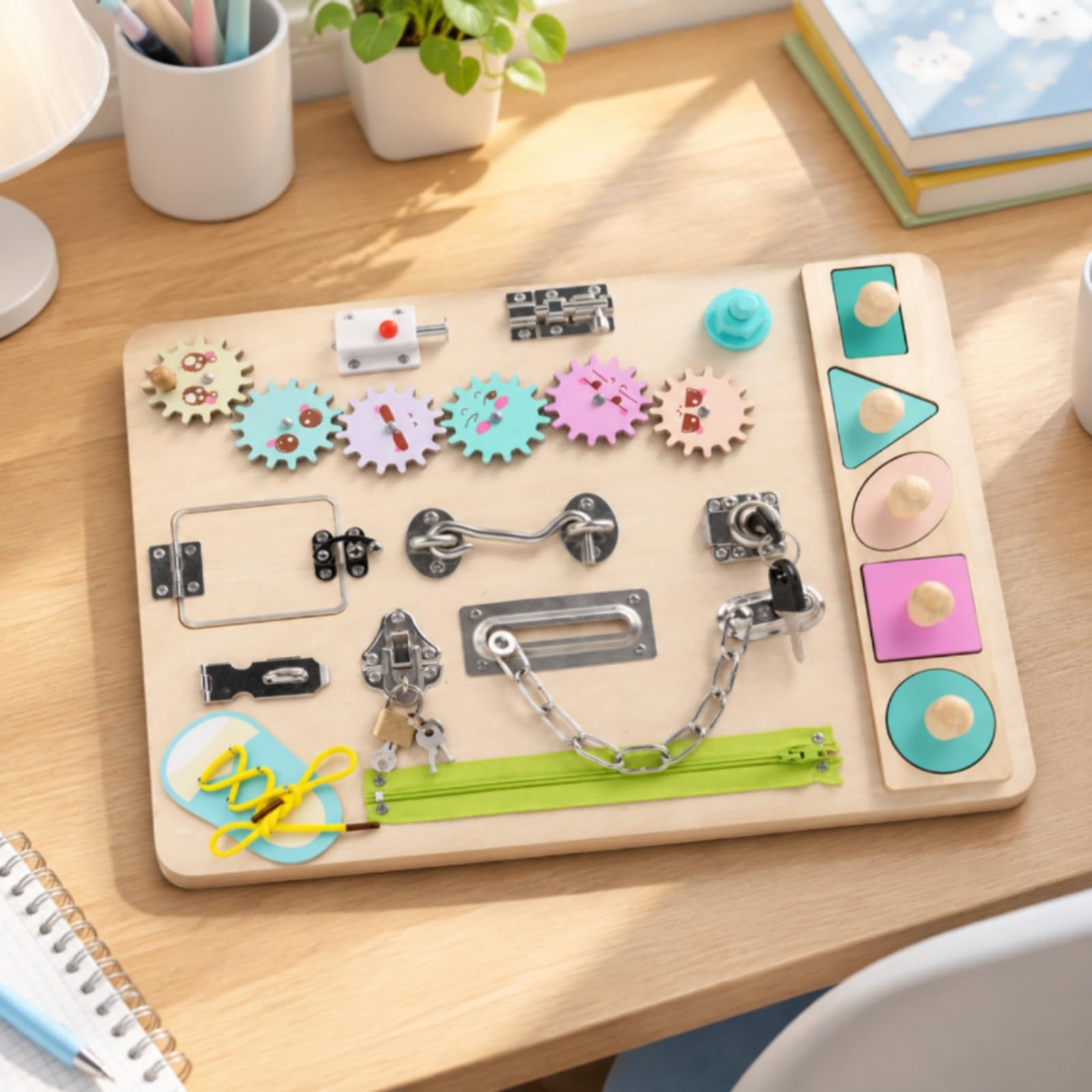 Tavola Occupata in Legno Double-Face Educativo Tavola con Attività Motorie e Lavagna da Disegno senza Schermo Busy Board per Casa, Tempo Sereno