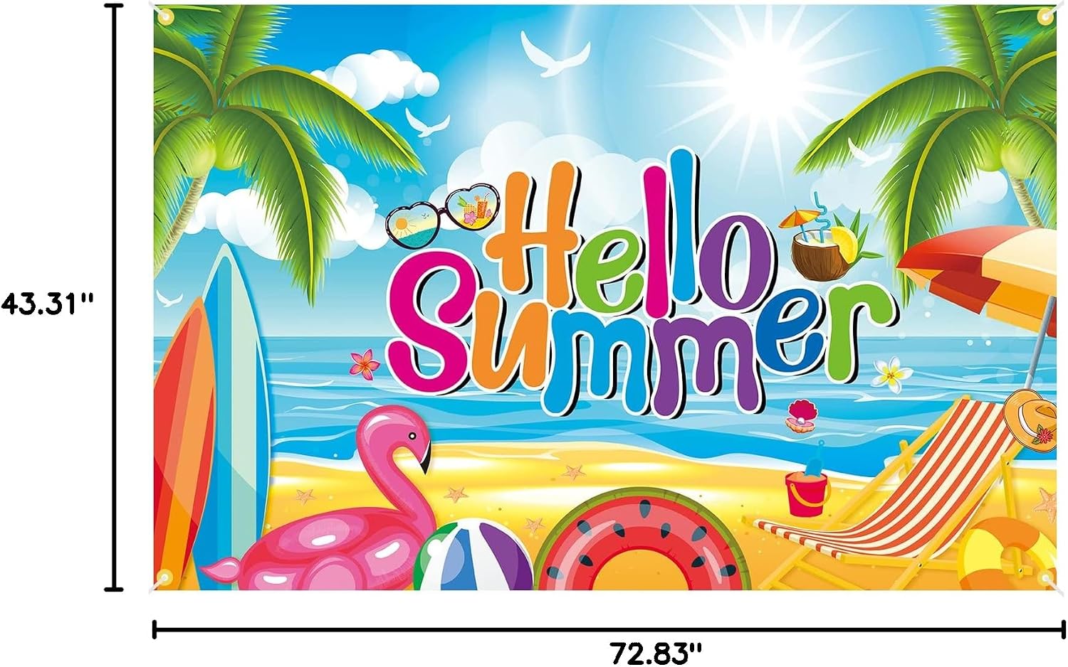 YEIRFYY Backdrop Banner for Hello Summer 73 x 43 Inch Large Hawaiian Pool Beach Party Background Banner for Summer Tropical Party Decorations for Summer Holiday Indoor Outdoor Photo Booth Props