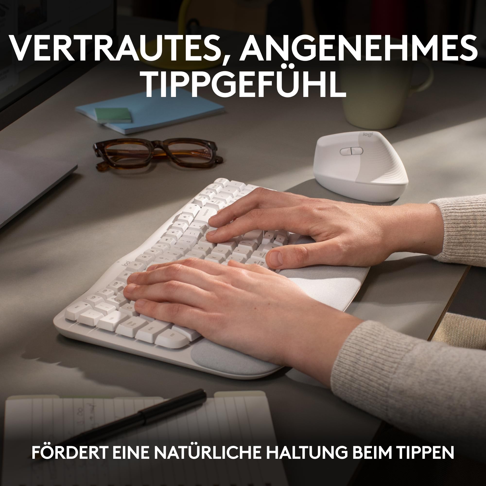 Logitech Wave Keys kabellose ergonomische Tastatur, gepolsterte Handballenauflage, natürliches Tippen, Easy-Switch, Bluetooth, Logi Bolt, Multi-OS,Windows/Mac, Deutsches QWERTZ Layout-Weiß