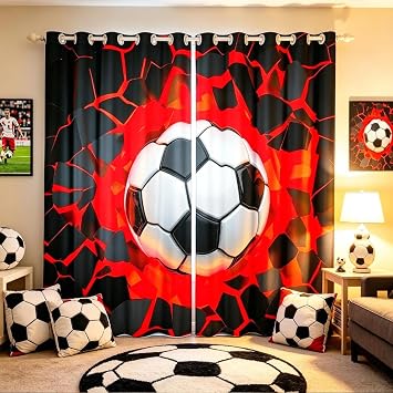 Loussiesd Football Curtain for Bedroom Living Room Kids Sports Darkening Drapes Women Men Red Black Soccer Ball Window Curtains Ball Game Window Treatments W52*L63
