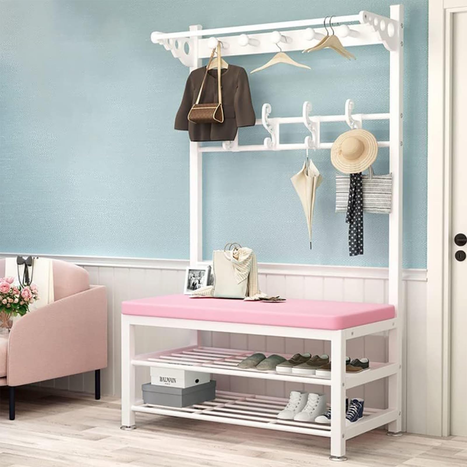 MYUYEE Coat Rack Shoe Bench, Industrial Storage Bench Storage Bench For Entryway, Pipe Style Large Hat And Coat Stand Industrial Hall Tree With Storage Shelf Easy Assembly Coat(A-80Cm)