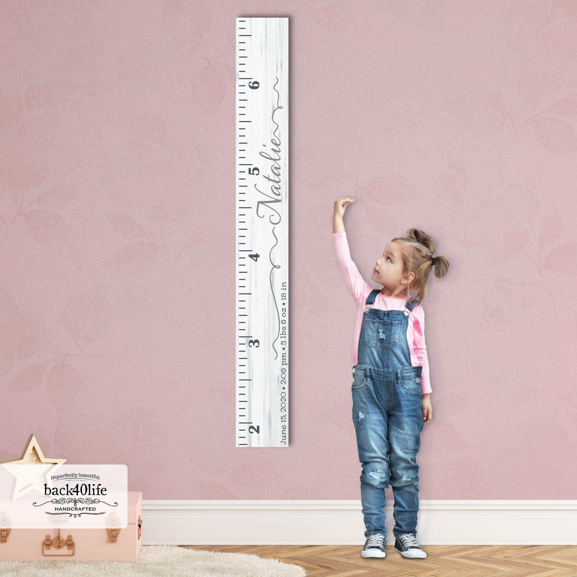 Wooden Kids Growth Height Chart Ruler for Boys and Girls Painted or Engraved (Script Ribbons)