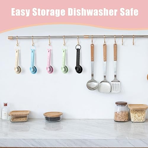 Miniatura 4 de Juego de 5 cucharas medidoras de acero inoxidable, tazas medidoras de metal y cucharas para líquidos, alimentos, cocina, hornear (rosa)