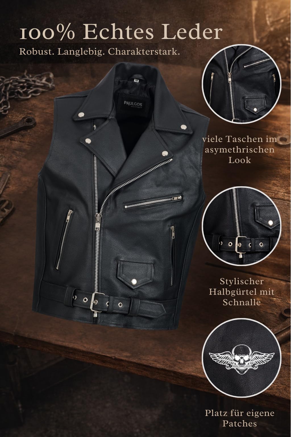 PAULGOS Lederweste Weste Kutte Leder Biker Rocker Motorrad Clubweste Bikerweste Motorradweste Schwarz BW2