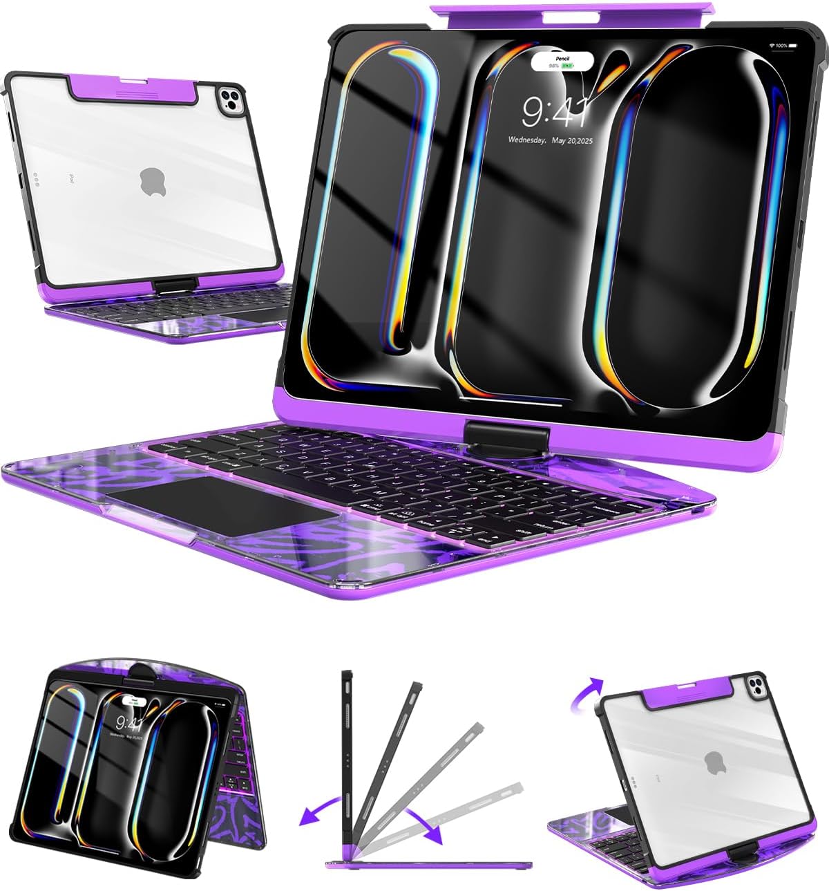 - Wireless Keyboard Case for iPad Pro 13" (M5/M4, 2025/2024), Transparent Protective Cover with 7-Color Backlit Keyboard, 360° Rotating Stand, Multi-Touch Trackpad and Pencil Holder, Purple