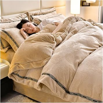 Bed, Winter Luxury Bedding Sets, Soft Cozy Velvet Flannel Duvet Cover Queen Size 4 Pcs Luxury Winter Warm Bedding Set