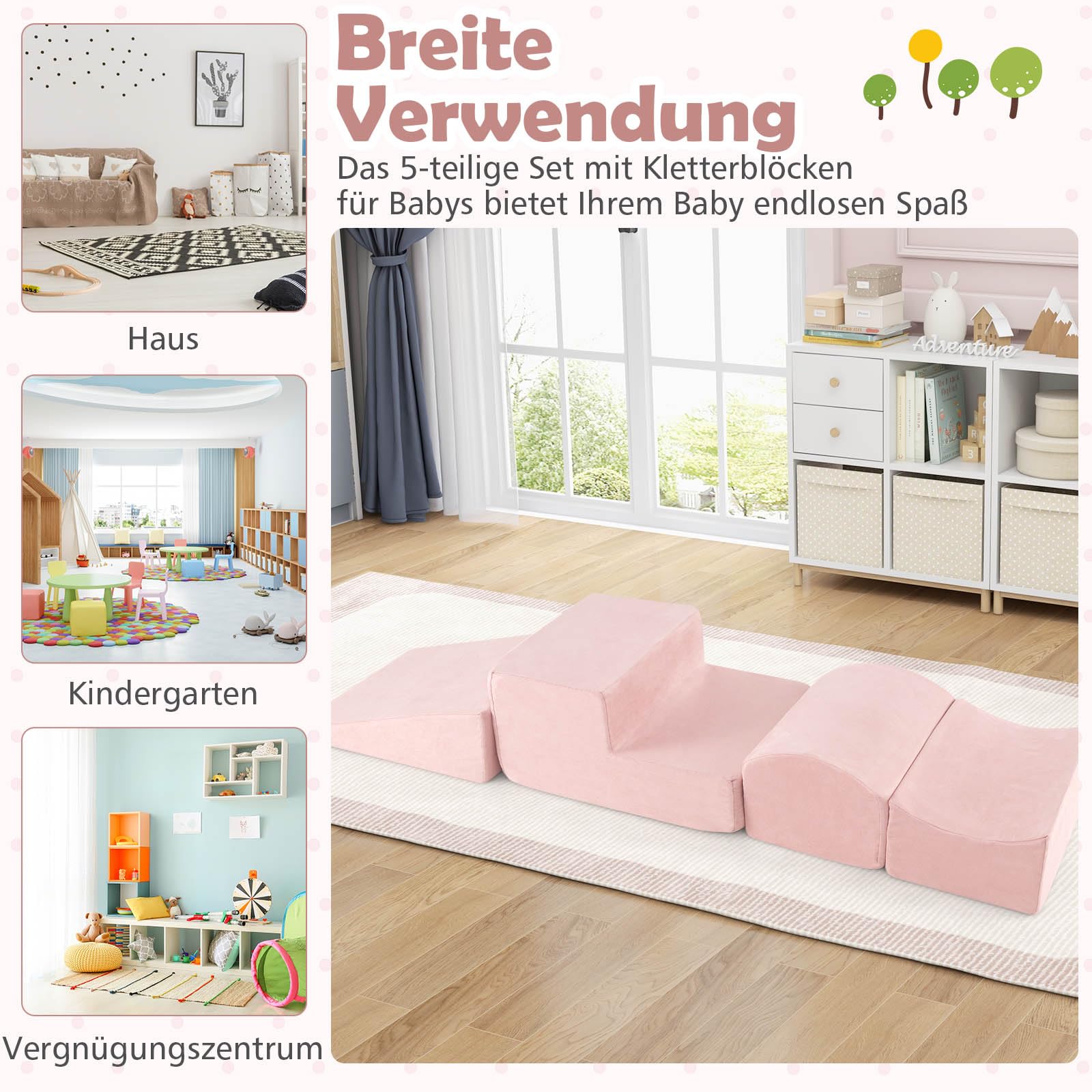 DREAMADE 5 TLG. Softbausteine, Riesenbausteine mit Bällebad & waschbarem Bezug, Großbausteine aus Schaumstoff, Kletterblöcke zum Toben & Klettern für Kleinkinder (Rosa)