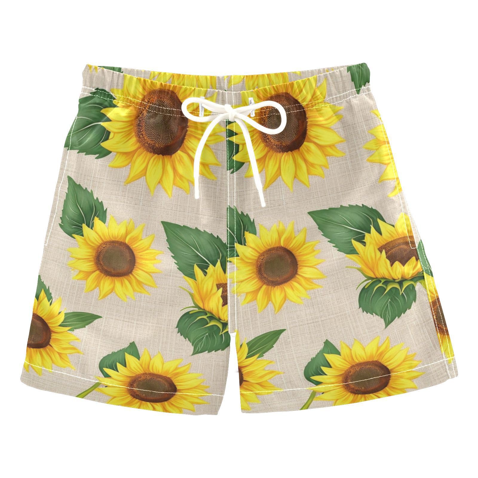 FLildon Vivid Sunflowers Yellow Little Boys Swim Trunks with Mesh Lining Quick Dry Beach Board Shorts, 3T
