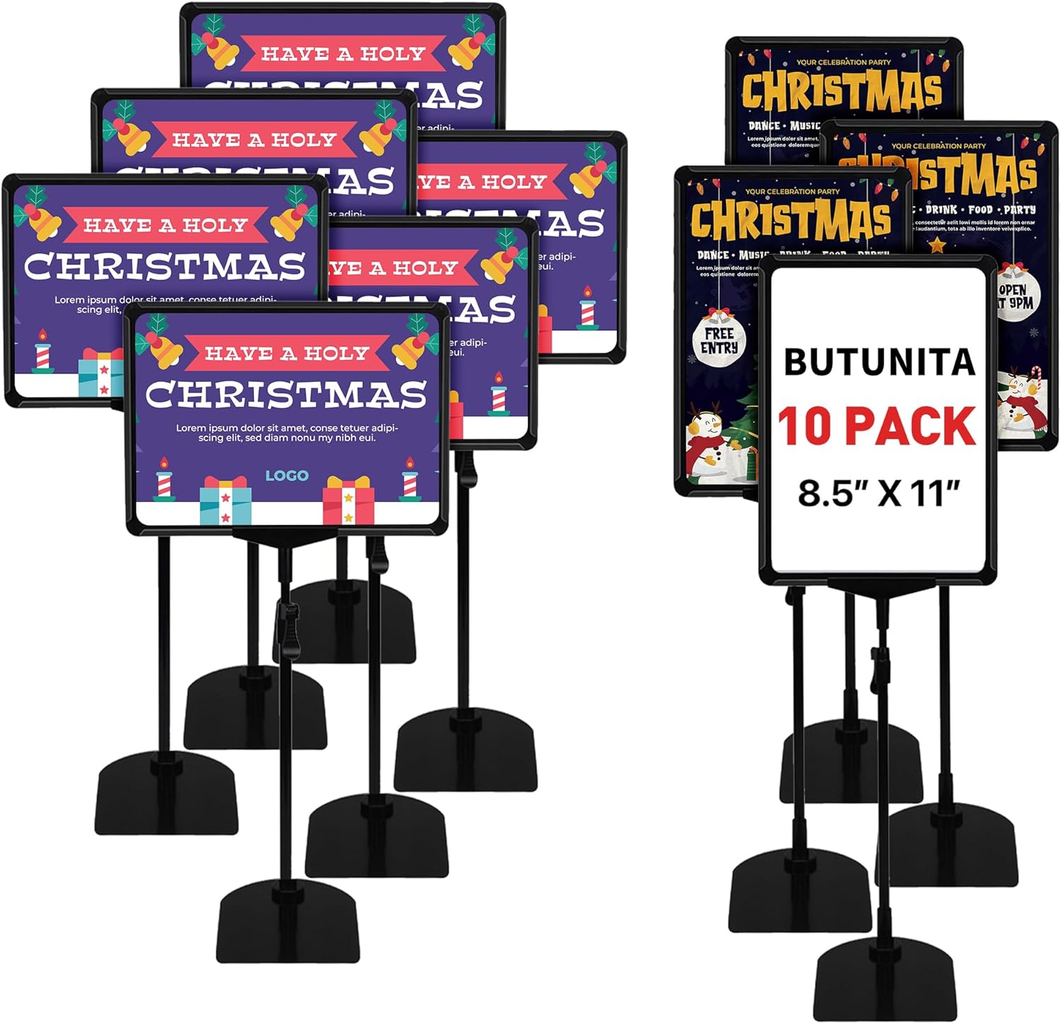 Sign Holder Stand, 8.5 x 11 Inch Sign Stand with Adjustable Height Snap Open, Reusable Sign Stands for Display Advertising Business Signage, Vertical and Horizontal Two View Modes (Black, 10 Pcs)