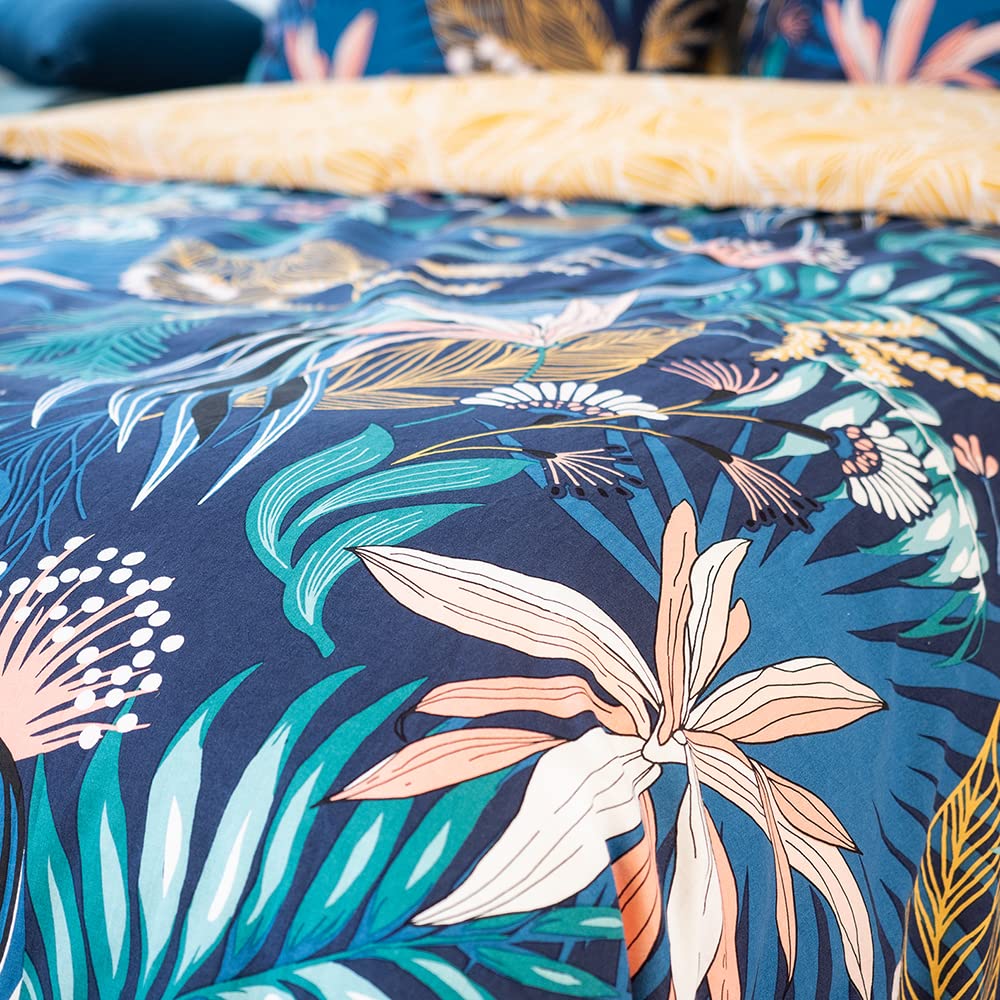 CÔTE DECO Parure de Lit 240x260cm Feuilles Tropicales Bleu Coton - 3 pièces | 1 Housse de Couette Adulte 240x260cm + 2 Taies d'Oreiller 63x63 cm - Feuilles Tropicales