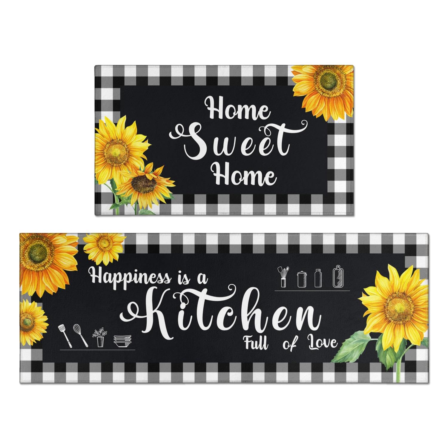 Nutksea Sunflower Kitchen Decor Rug Set 2 Piece, Non Skid Washable Kitchen Sink Laundry Runner Rugs, Black and White Buffalo Plaid Farmhouse Style Indoor Floor Mat 17"x47"+17"x30"