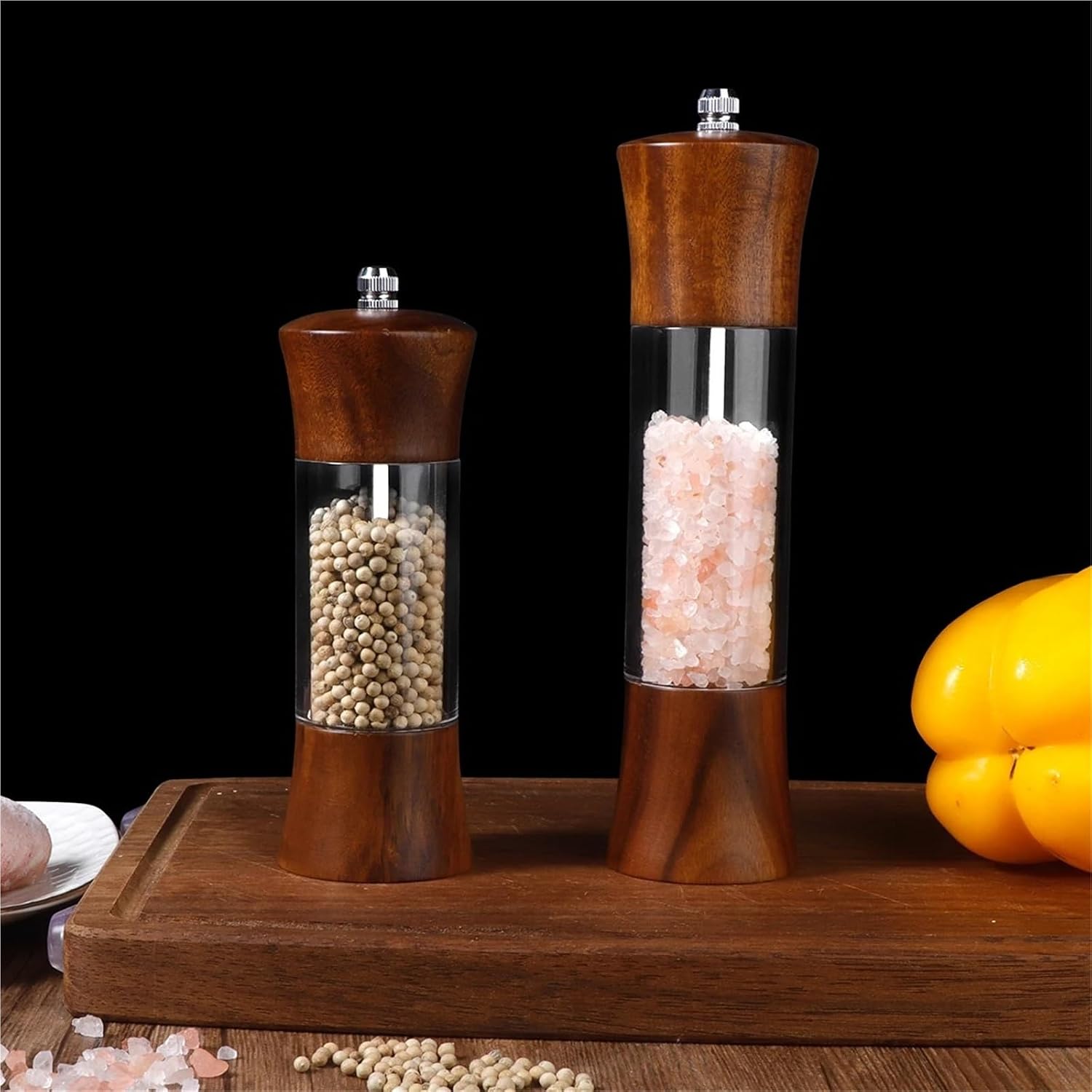 Walnut Wood Manual Pepper Grinder with Transparent Window, Adjustable Coarseness Ceramic Spice Mill for Salt and Pepper, Two Sizes(L)