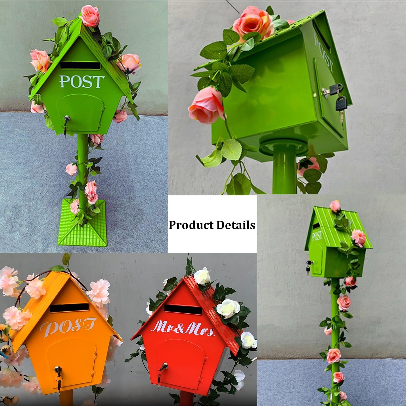 Buzón de hierro para montaje en poste, buzón de cabina de bosque de 48.8 pulgadas con cerradura de llave y vid de flores de plástico, buzón de correo de jardín estilo primaveral para interiores y