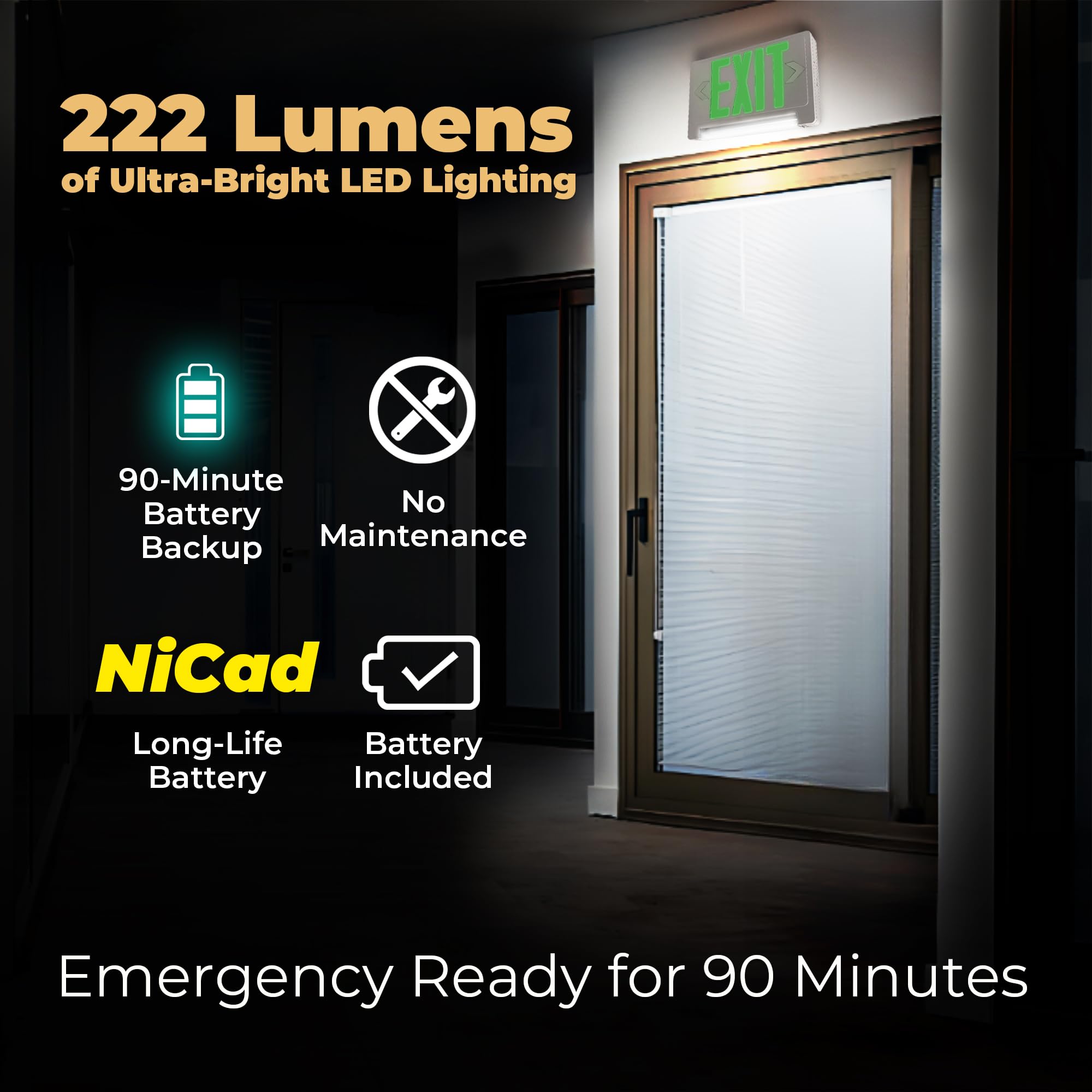 LFI Lights Compact Green Exit Sign with Emergency Lights - All LED Light Pipe, Adjustable Light Bar, Battery Backup, Hardwired, Wall or Ceiling Mount, UL Listed, Ideal for Business Safety Compliance (2 Pack)