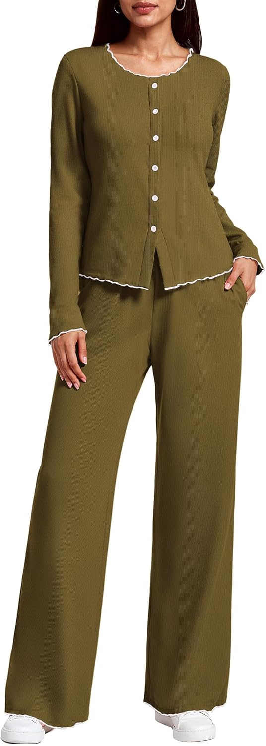 SHESHOW 2 Piece Lounge Set Women Long Sleeve Tops High Waisted Wide Leg Pants Casual Outfits for Women S-XXL