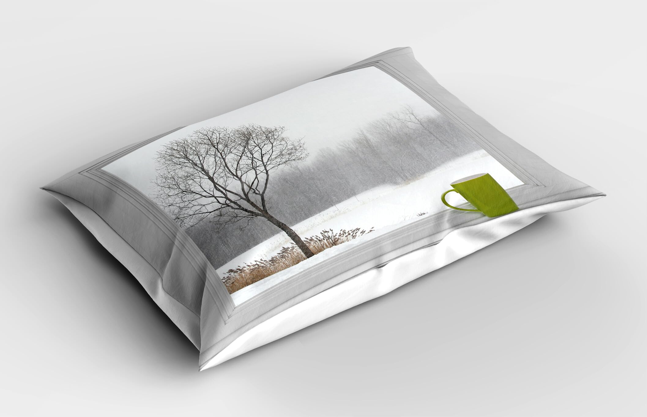 Ambesonne Winter Pillow Sham Set of 2, Green Teacup on Windowsill Forest Outdoors Snowstorm Scenic Countryside, Quality Microfiber Bedding Item for All Seasons, 30