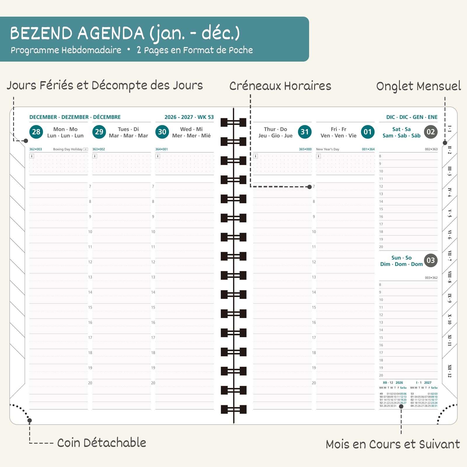 BEZEND Agenda 2026 Semainier A5 Spirale - Couverture Cuir PU Turquoise - Janvier à Décembre 2026