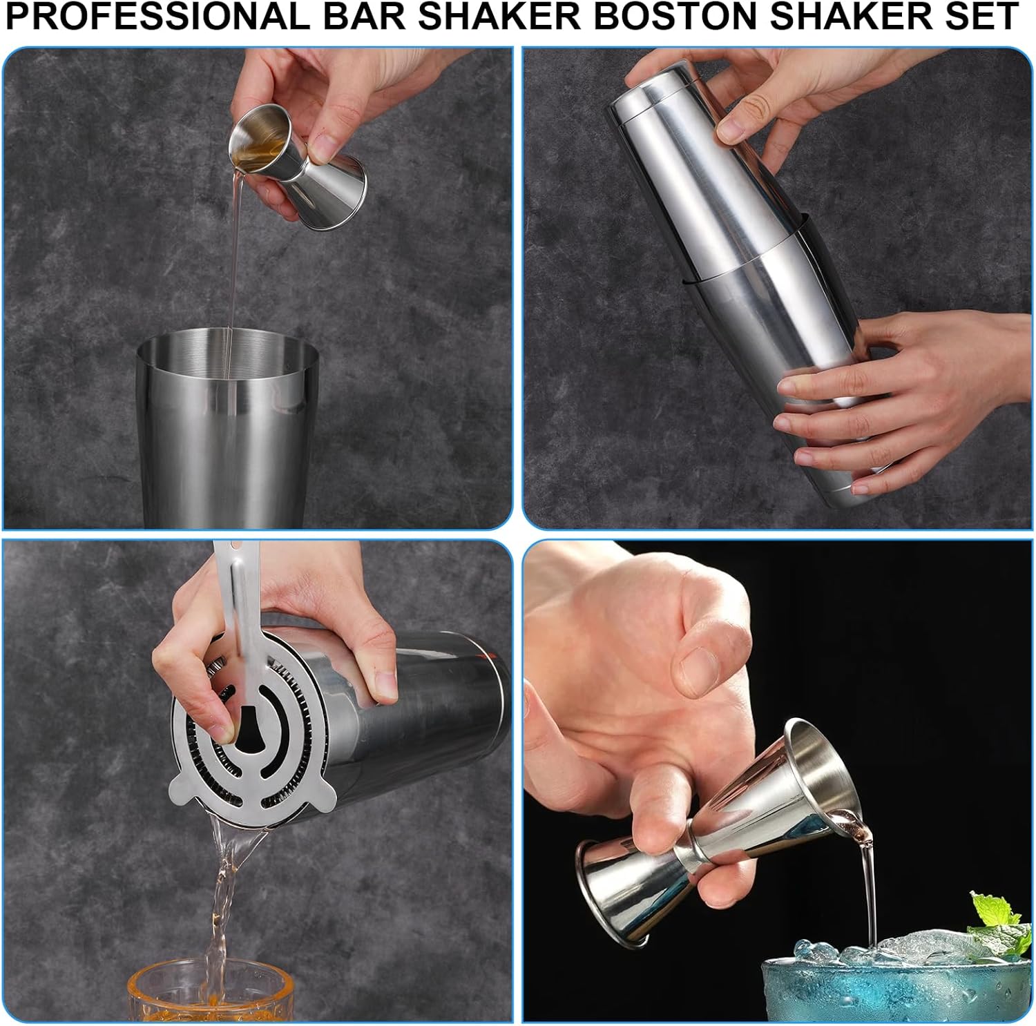 Boston Cocktail Shaker Set,12 Pcs Martini Cocktail Shaker with Strainer-18oz & 28oz Mixed Alcohol Drink Shakers and Double Measuring Jigger, Stainless Steel Professional Cocktails Shakers for Beginner