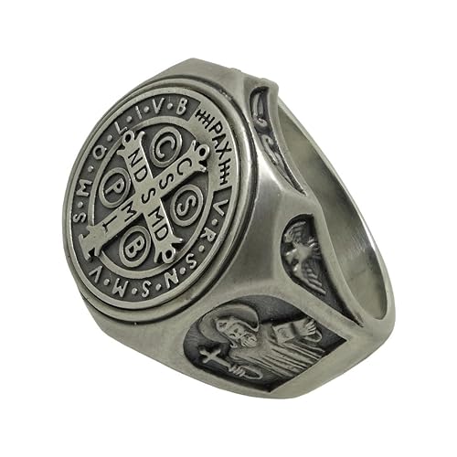 Miniatura 3 de Saint Benedict Sterling Silver 925 Christian Roman Catholic Exorcism Mens Ring, Demon Protection