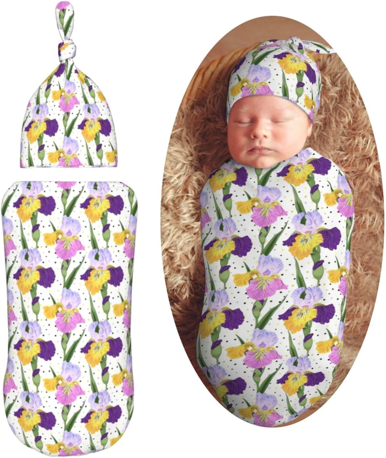 Colorful Flowers Newborn Swaddle Blankets Hat Sets Soft Baby Receiving Blanket Swaddle Sack for Baby Shower Infant Boy Girl Gift