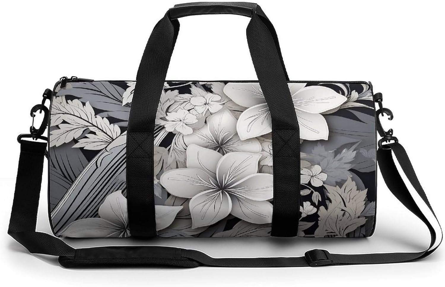 Intricate Black And White Tropical Flowers Pattern Gym Bag Hand-held Fitness Bags Cylindrical Fitness Bag with Shoe Large Compartment Duffle Bags for Travel Sports Unisex